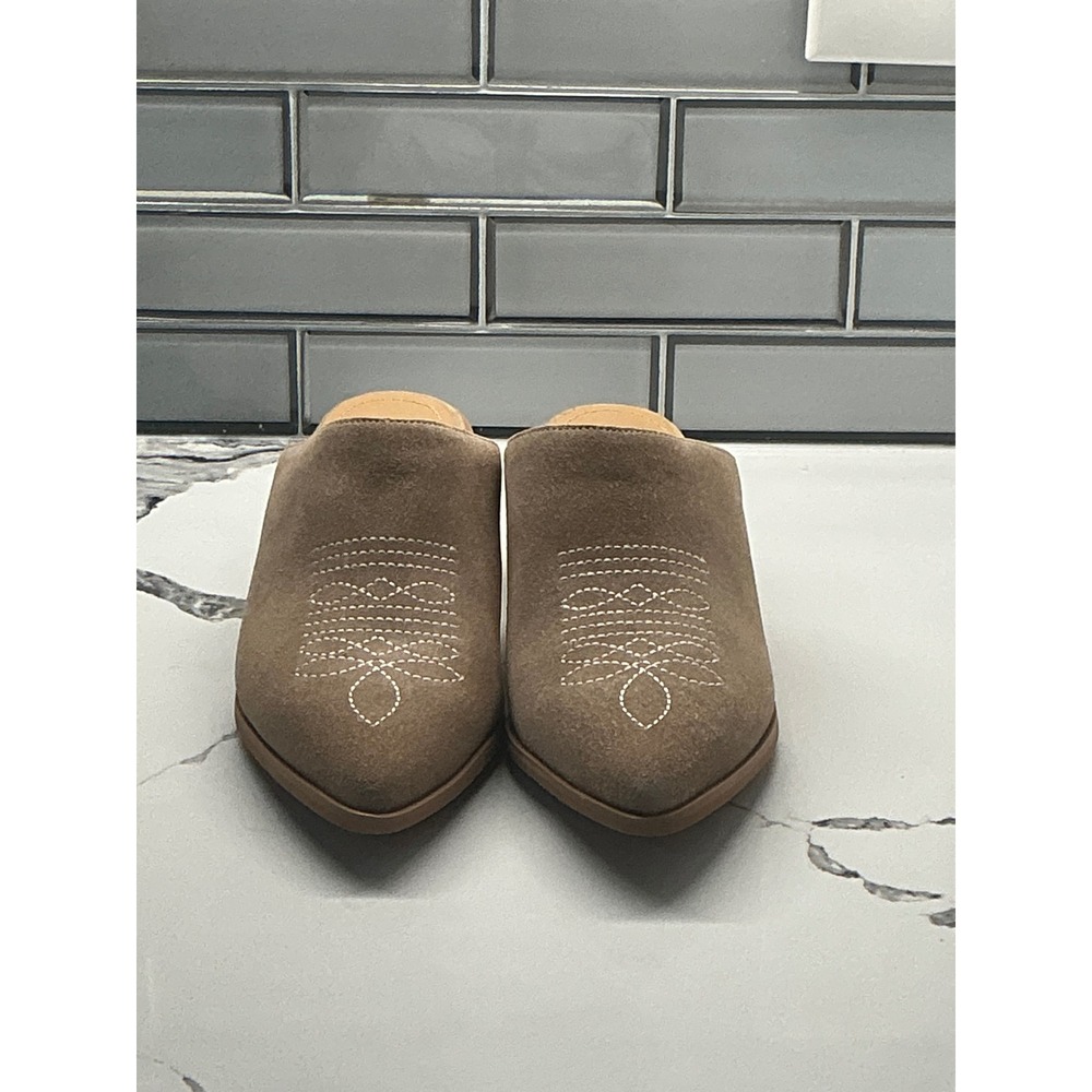Women’s Embroidered Backless Suede Mules in Taupe